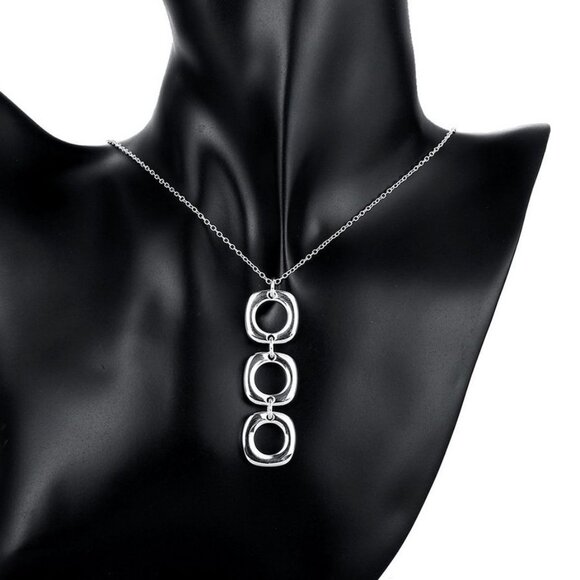 Leanna Geo Retro Open Square Trio Drop Sterling Silver Necklace Gift Boxed - Picture 4 of 10